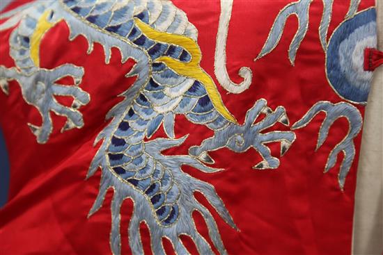 A Chinese embroidered silk dragon robe,